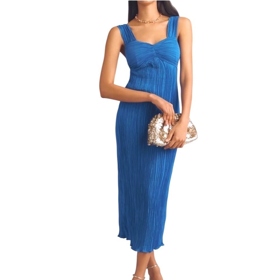 Anthropologie Blue Pleated Square Neck Midi Dress Size Xl Nwot